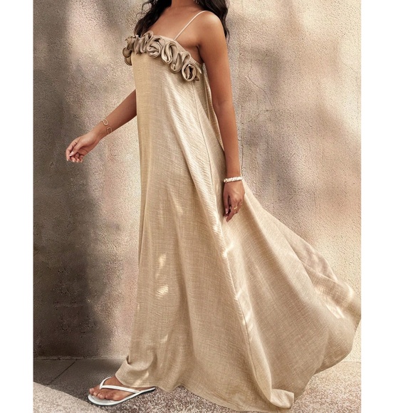Boho Khaki Floral Applique Cami Flowy Maxi Dress - Picture 1 of 6
